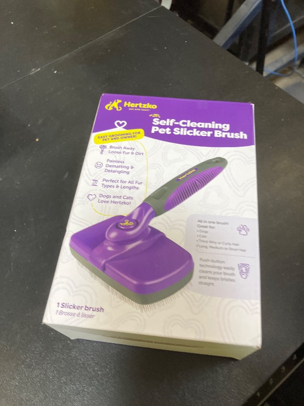 Photo 1 of Hertzko Self Cleaning Slicker Brush for Dogs and Cats - Pet Hair Brush for Shedding Long and Short Hair - Easy Clean Retractable Bristles - Cat and Dog Grooming Tool - Purple