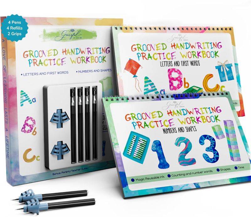 Photo 1 of Grooved Handwriting Practice Books for Kids 3-5 | Reusable Letter Tracing with Mess-Free Disappearing Ink | Teacher-Designed | Magic Grooved Writing Practice Books | Letters and Numbers
