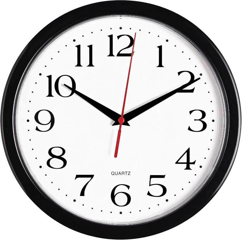 Photo 1 of Bernhard Products Black Wall Clock Silent Non Ticking 10 Inch Quality Quartz Battery Operated Round Easy to Read Home/Office/Kitchen/Classroom/School Clock Sweep Movement
