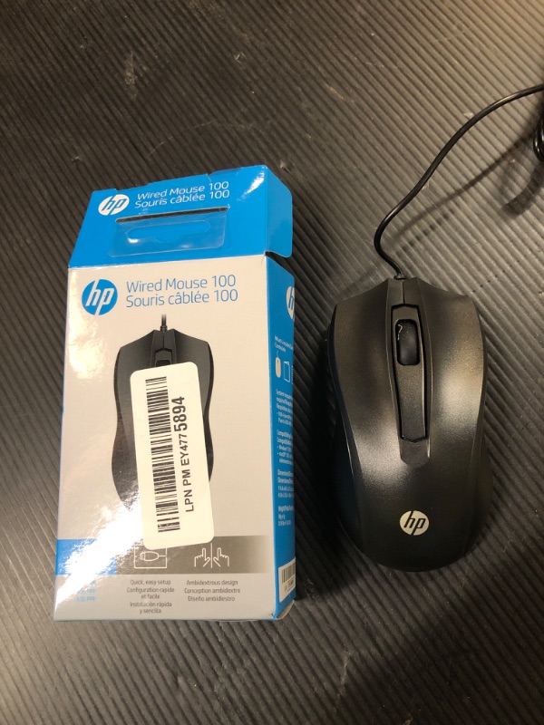 Photo 1 of HP Wired Mouse 100 - Precise Optical Sensor with 1600 DPI - Easy USB Connection - Ambidextrous Design - 3 Button Control & Built-in Scrolling - Multi-OS Compatible (6VY96AA#ABL)
