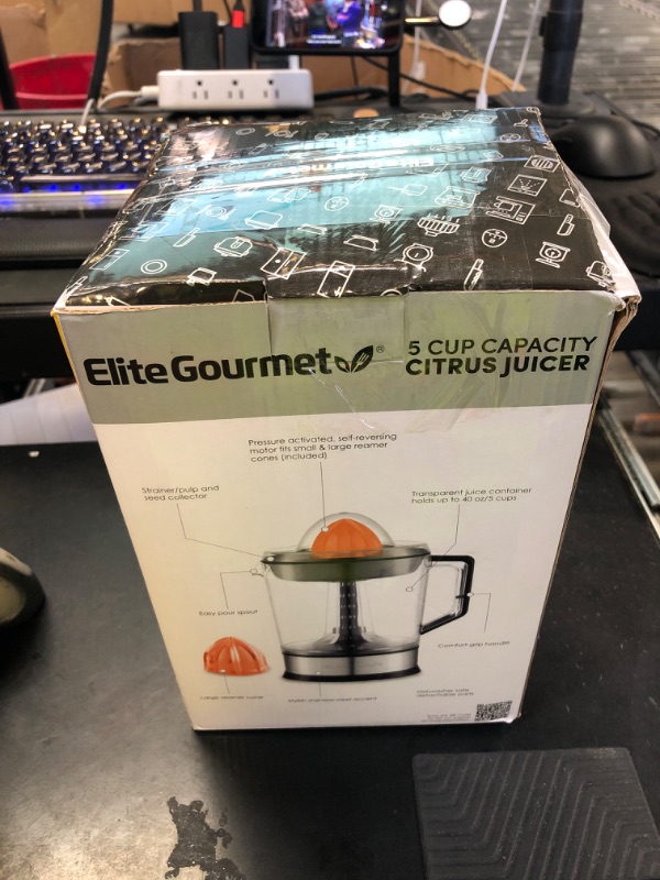 Photo 1 of Elite Gourmet ETS740 BPA-Free Electric Citrus Juicer with 2 Cones, Compact, Large Volume, Pulp Control, Oranges, Lemons, Limes, Grapefruits with Easy Pour Spout, 1.2L, Black/Stainless Steel