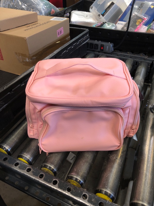 Photo 1 of Large Makeup Bag, Portable Travel Makeup Bag Organizer for Women Girls with Makeup Brush Compartment & Two Side Pockets, Cosmetic Travel Bag Vertical Storage Toiletry - Pink
