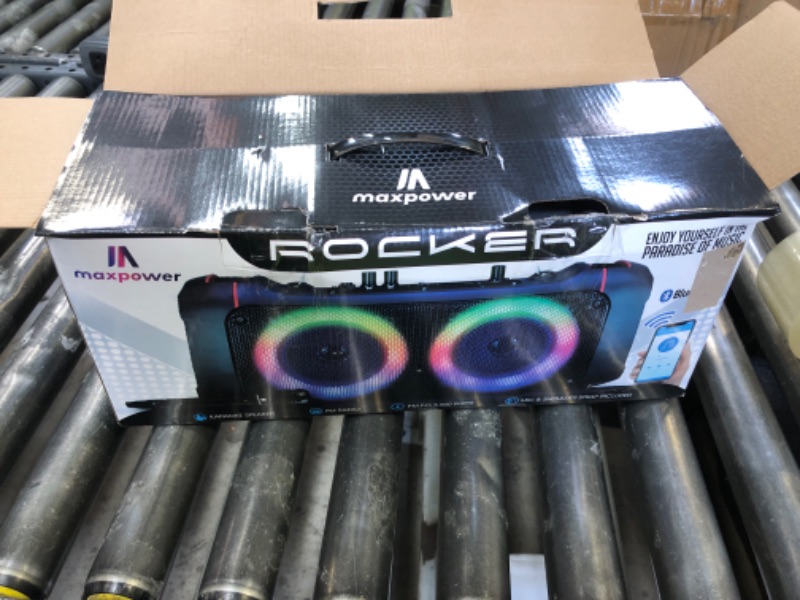Photo 1 of Max Power Boombox - MPD421 Portable Boombox Stereo Speaker System - Multi LED Ring Lights - Wireless Bluetooth Speaker with Mic and Remote - Rechargeable Battery Perfect for Indoor and Outdoor.