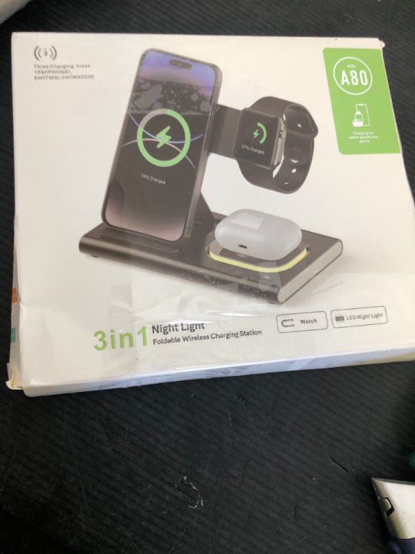 Photo 1 of 3 in 1 Foldable Charging Station for Apple Products,Fast Wireless Charger Travel Dock Adapter&Light for iPhone 16/15/14/13/12/11/X/XS,for iWatch 10/9/8/7/Ultra2/Ultra/SE,for AirPods 4/3/2/Pro/2(White)