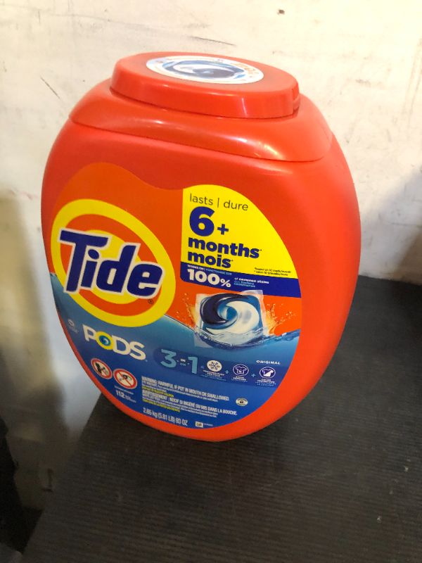 Photo 1 of Tide PODS Laundry Detergent Pacs, 3-in-1 Stain Remover, Odor Fighter, Color Protector, 112 Count, HE compatible, Original Scent