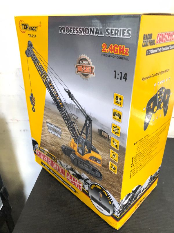 Photo 1 of Top Race 15 Channel Remote Control Crane Toy - Battery Powered 1:14 Scale RC Construction Vehicles with Heavy Metal Hook - Toy Truck for Kids 8-12 - Full Functional RC Crane with 2.4GHz Remote