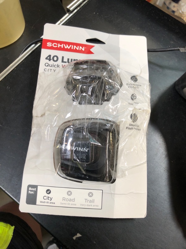 Photo 1 of Schwinn LED Quick Wrap Bike Lights Set, Battery Powered Front Headlight and Rear/Back Tail Lights, Tool-Free Stretch-and-Hook Strap, 40 Lumen COB Wrap Light Set, Black