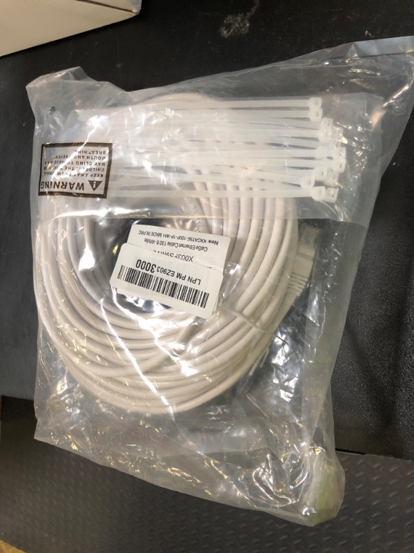 Photo 1 of Cat5e Ethernet Cable 100 FT, Long Cat 5e Internet Cable, White Snagless Patch Cord, Flexible, Network, LAN, PoE, Standard RJ45 Connector for PC, Server, Router, Modem, TV, PS5 - with 15 Cable Ties