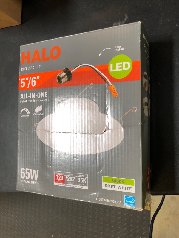 Photo 1 of Halo 5 inch and 6 inch Integrated LED Recessed Retrofit Downlight Trim, 90 CRI, Title 20 Compliant, 3000K Soft White Recessed Light