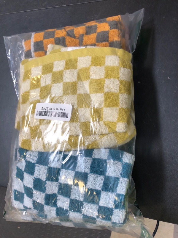 Photo 1 of 5-Pack Checkered Cotton Hand Towels - Soft, Absorbent Bath & Kitchen Towels in Multicolor (Yellow, Blue, Purple, Green) - 13x29 Inches
