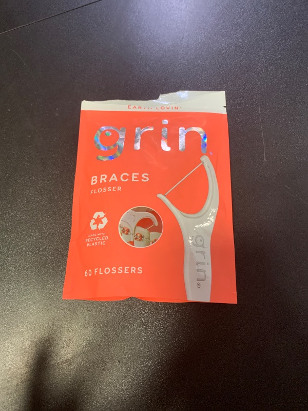 Photo 1 of GRIN Braces Flosser, Floss Picks Designed for Braces, 60 Count, Dental Flossers, Recycled Plastic, Ortho Approved, Premium Thin Floss, Includes Handy Wax Scraper and Pick