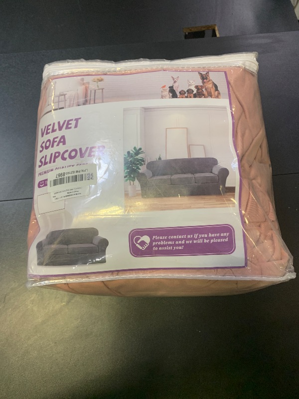 Photo 1 of WEERRW 4 Pieces Velvet High Stretch Couch Covers for 3 Cushion Couch Sofa Slipcovers, Washable Furniture Protector with Non Slip Elastic Bottom, Feature Soft and Thick Plush Fabric, Pink, Large