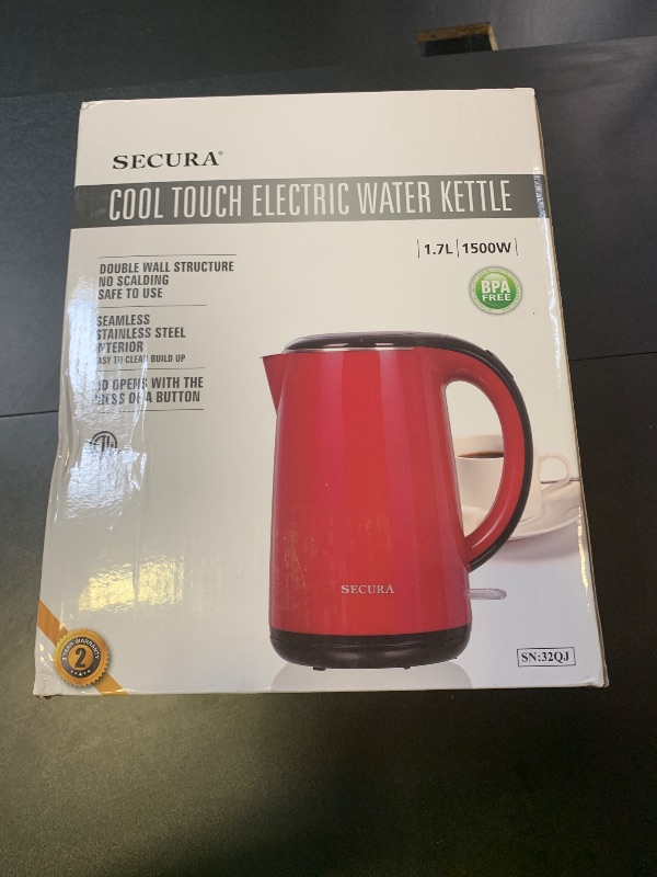Photo 1 of Secura Original Stainless Steel Double Wall Electric Water Kettle 1.8 Quart with Auto Shut-Off & Boil-Dry Protection, Red SWK-1701DR/HB-3227B