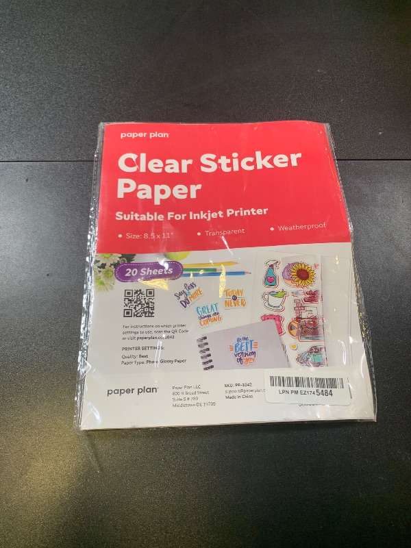 Photo 1 of 90% Clear Sticker Paper for Inkjet Printer - (20 Sheets), 8.5 x 11" Letter Size, Transparent Glossy, Printable Vinyl, Water-Resistant - Easy to Use for Creative Projects