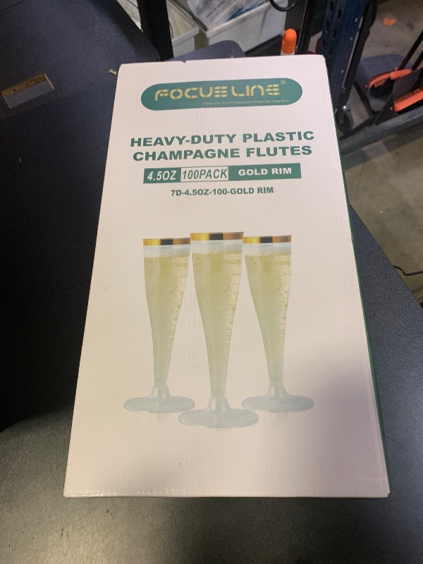 Photo 1 of FOCUSLINE 100 Pack Plastic Champagne Flutes, 4.5 Oz Gold Rim Plastic Champagne Glasses, Disposable Clear Toasting Glasses Recyclable Champagne Cups for Wedding Party