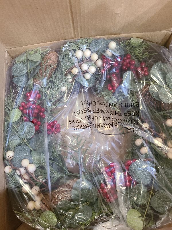 Photo 1 of 22 Inch Christmas Wreath with Hanger, Christmas Wreaths for Front Door with Red White Berry Pine Cone Xmas Wreaths for Front Door Wall Home Outdoor Decor