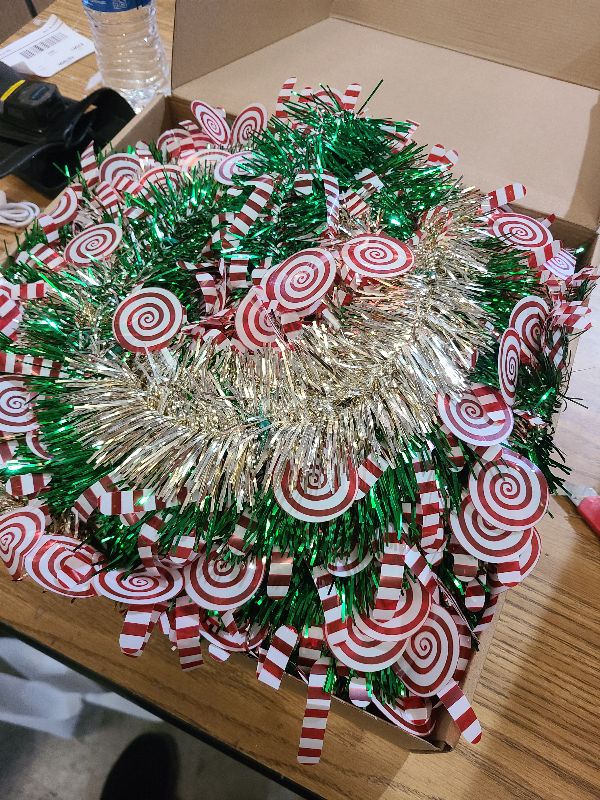 Photo 1 of [Timer] 6 Ft Pop Up Christmas Tree with Lights, Green&Gold Tinsel Pencil Tree with 50 Multicolored Light Christmas Balls Lollipop Candy Cane Battery Operated for Home Holiday Xmas Party Indoor Decor