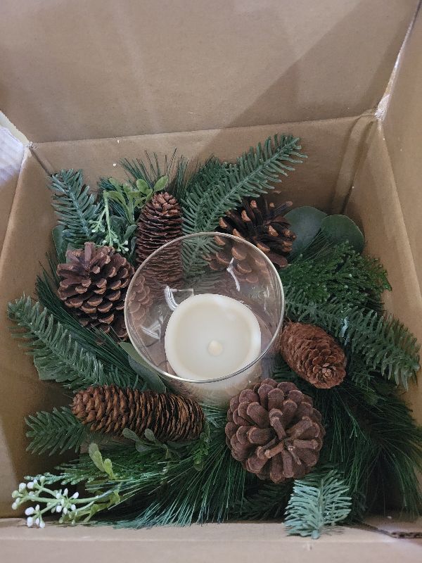 Photo 1 of 18" Table Wreath Artificial Greenery Wreath with Detachable Glass Holder - Rustic Christmas Wreath for Front Door & Centerpieces