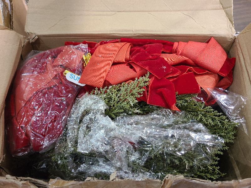 Photo 1 of 12 Pcs Small Christmas Norfolk Wreaths 15 Inch Christmas Kitchen Cabinet Mini Wreath Real Touch with Bow Ribbon Cedar Red Berry for Xmas Front Door Window Chair Fireplace Table Pillar Farmhouse Decor