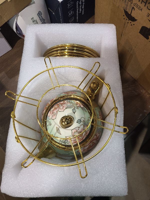 Photo 1 of 20 Pieces Porcelain Tea Set With Metal Holder, European Ceramic tea set for adults,Flower Tea Set,Tea Set For Women With Flower Painting?Light Green?