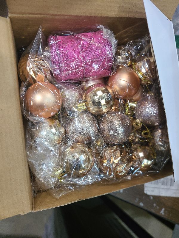 Photo 1 of 22 Pcs Christmas Tree Skirt Sequins Decoration Set Glitter Snowflakes Wired Ribbon with 20 Pcs Christmas Ball Ornaments for Xmas Tree New Year Birthday (Rose Gold)