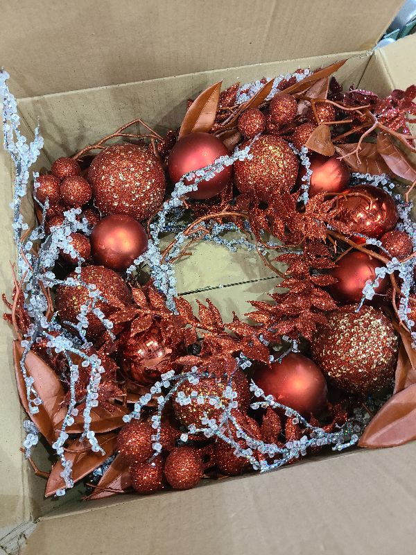 View 2 of 16 in. Unlit Christmas Wreath Red Door Wreath Handcrafted with Artificial Eucalyptus Berries Ornaments for Farmhouse Holiday Thanksgiving Christmas Decoration