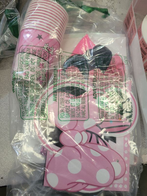 Photo 1 of 108Pcs Pink Mouse Birthday Decorations Tableware Oh Twodles Birthday Party Supplies Include Banner Plates Napkins Cups Balloons Cupcake Toppers Cake Topper and Waterproof Tablecloth