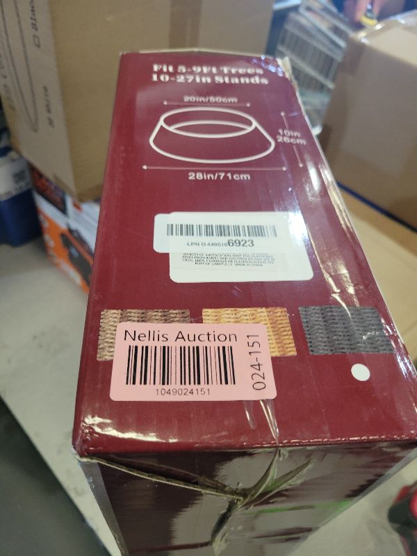 Photo 1 of 28in Christmas Tree Collar - Wicker Woven Tree Collars for Artificial Trees - Handmade Rattan Rustic Farmhouse Basket for Tree Base Cover with Cord Cut-Out for 6ft 7.5ft 8ft Trees (Brown)