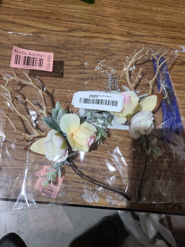 Photo 1 of 2 Pcs Deer Antler Flower Crown Headbands Tree Branches Butterfly Headband Antlers Headband Cosplay Headdress Hair Accessories for Halloween Chritmas Wedding Party Woodland Fairy Costume