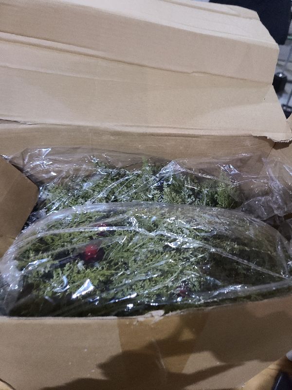 Photo 1 of 12 Pcs Small Christmas Norfolk Wreaths 15 Inch Christmas Kitchen Cabinet Mini Wreath Real Touch with Bow Ribbon Cedar Red Berry for Xmas Front Door Window Chair Fireplace Table Pillar Farmhouse Decor