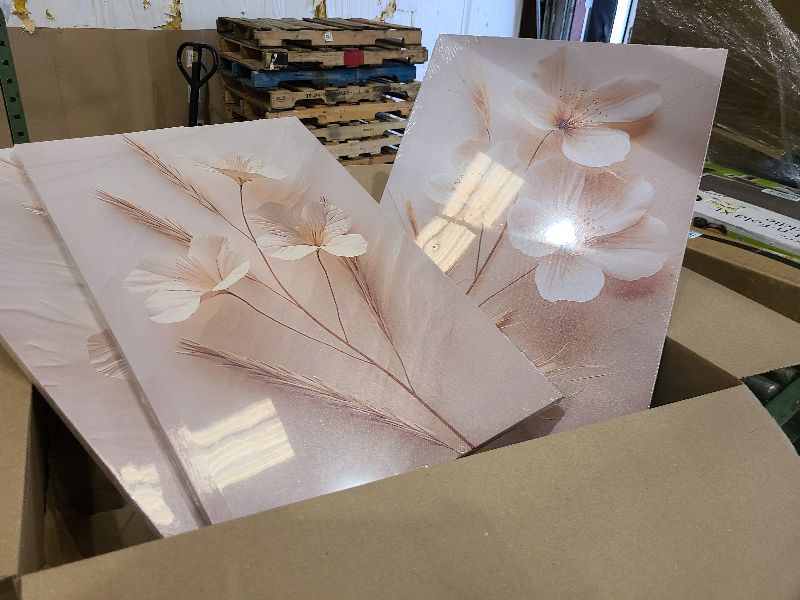 Photo 1 of 3Pcs Neutral Beige Floral Botanical Canvas Wall Art Modern Simple Texture Flower Plant Painting Picture Wall Decor Vintage Blossom Poster Print Artwork for Living Room Bedroom Bathroom