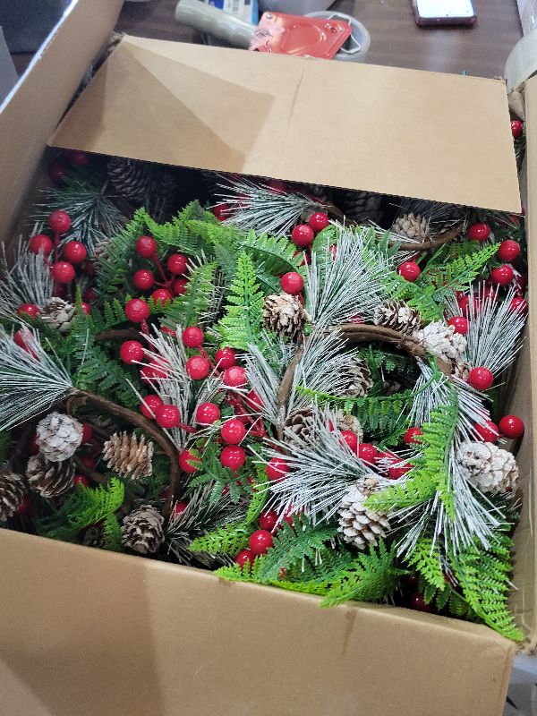 Photo 1 of 12 Pieces 9" Mini Christmas Wreaths for Kitchen Cabinet Small Christmas Candle Rings Eucalyptus Wreath Pillar Candle Rings Table Centerpieces Hanging Garlands for Front Door Window Decor (Red Berry)