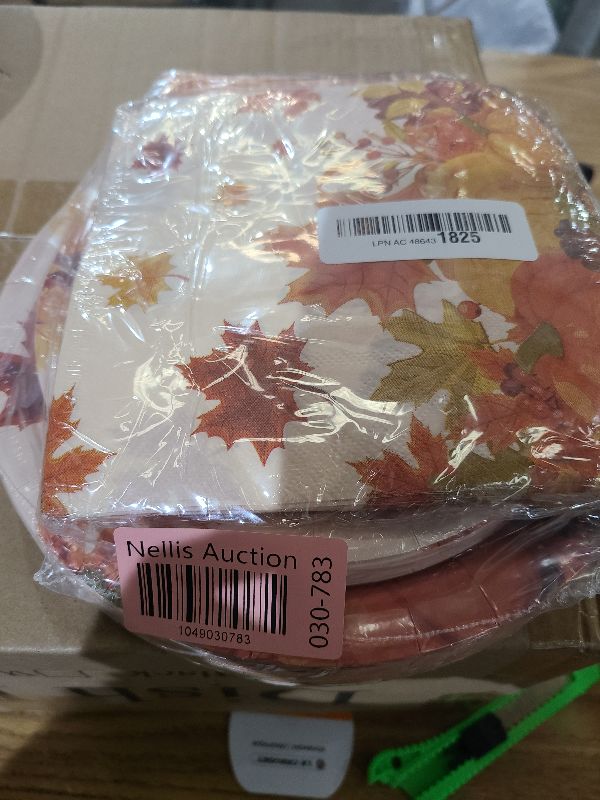 Photo 1 of 100 Pcs Thanksgiving Plates and Napkins Sets - Fall Pumpkin Maple Leaf Round Tableware, Disposable Thanksgiving Paper Plates and Napkins Forks for Thanks giving Party Supplies Table Decor, Serves 25