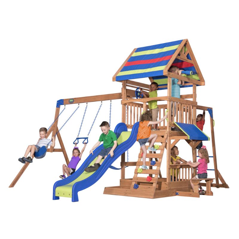 Photo 1 of BOX 2 OF 4 Backyard Discovery Beach Front Cedar Wood Swing Set with Wave Slide, Play Deck, Monkey Bars, Rock Wall Ladder, Shaded Picnic Area, Snack Bar, Belt Swings, Trapeze, Sandbox Area, Outdoor Playset