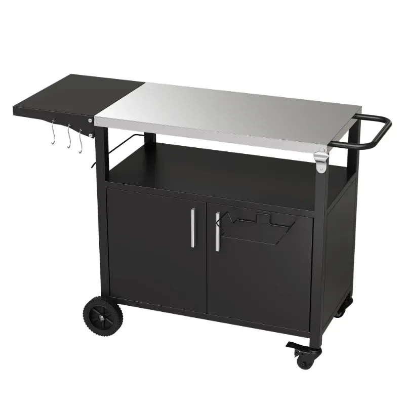 Photo 1 of **MISSING HARDWARE**Walsunny Outdoor Grill Cart with Storage Cabinet, Outdoor Kitchen Island on Wheels, BBQ Grill Prep Table Movable Patio Storage Counter Foldable Tabletop, Black
