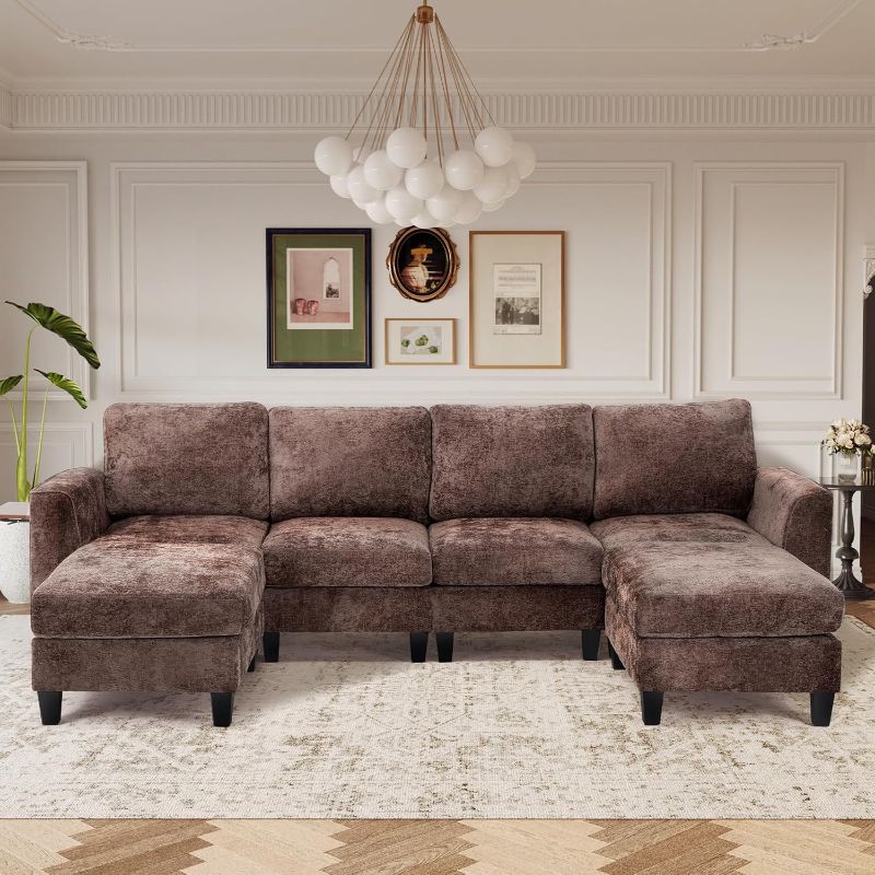 View 1 of ***BOX 1 OF 2 ONLY/INCOMPLETE SET***COLAMY 118" U-Shaped Sectional Couch, 4-Seat Modular Sofa with 2 Ottomans and Foldable Side Table, Brown for Living Room