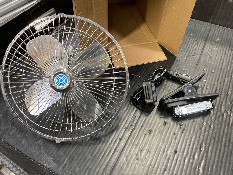 Photo 1 of 10-Inch Silver Cigarette Lighter Fan, Two-Speed Adjustment, 360-Degree Rotation, Clip-On Design 12 Volt Fan, Perfect for Cars, Trucks, RVs and More (Cord Length 6.56FT)