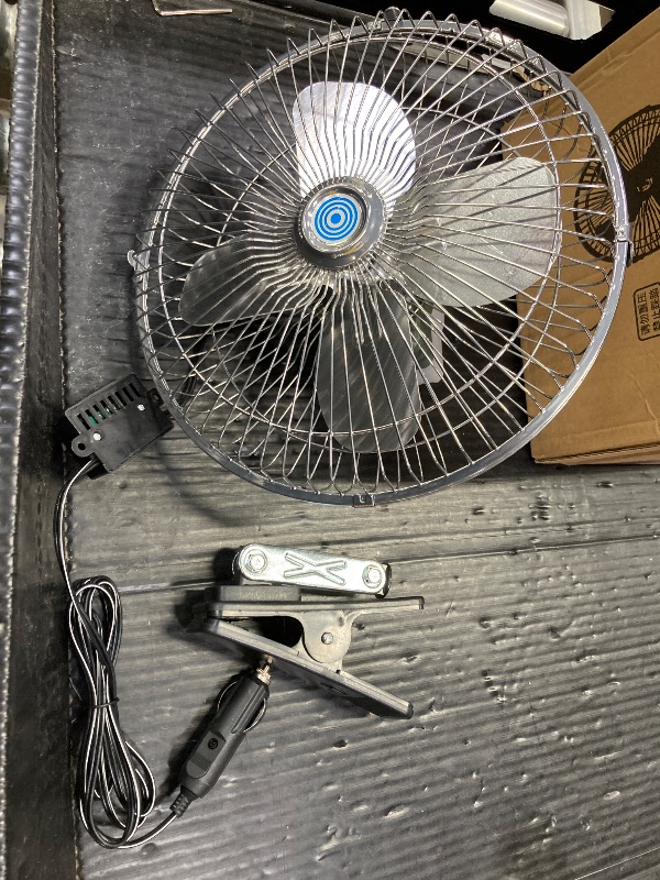 Photo 1 of 10-Inch Silver Cigarette Lighter Fan, Two-Speed Adjustment, 360-Degree Rotation, Clip-On Design 12 Volt Fan, Perfect for Cars, Trucks, RVs and More (Cord Length 6.56FT)