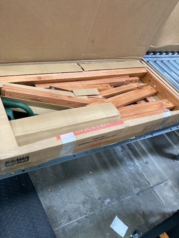 Photo 1 of *** BOX 2 OF 2 -MISSING PARTS -SELLING AS PARTS ONLY ***
Backyard Discovery Buckley Hill Swing Set, Cedar Wood Playset with Slide, Swings, Rock Wall & Chalkboard, Kids Outdoor Playground, Easy Assembly