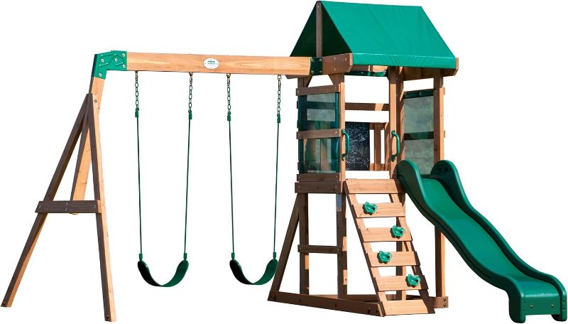 Photo 1 of *** BOX 2 OF 2 -MISSING PARTS -SELLING AS PARTS ONLY ***
Backyard Discovery Buckley Hill Swing Set, Cedar Wood Playset with Slide, Swings, Rock Wall & Chalkboard, Kids Outdoor Playground, Easy Assembly