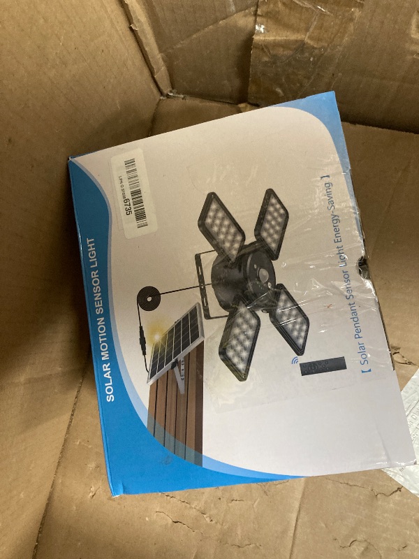 Photo 1 of ***(MISSING PART -SELLING AS IS)***
Solar Pendant Light Outdoor Indoor Solar Powered Motion Sensor Shed Light,144LED 1200LM Daytime Work with 5 Lighting Modes Remote Control 4 Heads IP65 Waterproof for Garage Gazebo Barn