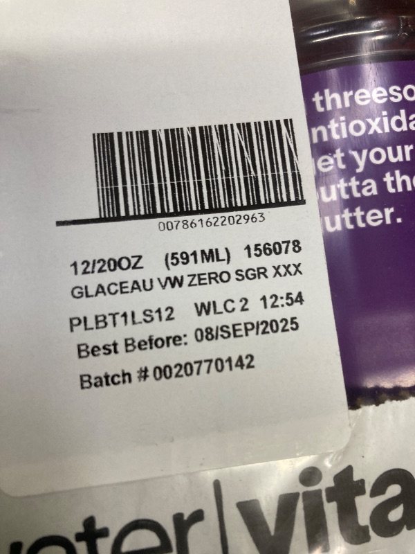 Photo 1 of ***BB 08/09/2025***
vitaminwater XXX Acai-Blueberry-Pomegranate Zero Sugar, Flavored Water Beverage, 20 fl oz Bottles, 12 Pack