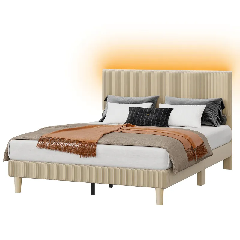Photo 1 of ** FULL SIZE BED** Bestier Corduroy Upholstered Queen Bed Frame with Adjustable Headboard, Platform Bed Frame with LED Light, Solid Wood Slats, No Box Spring Needed, Beige
