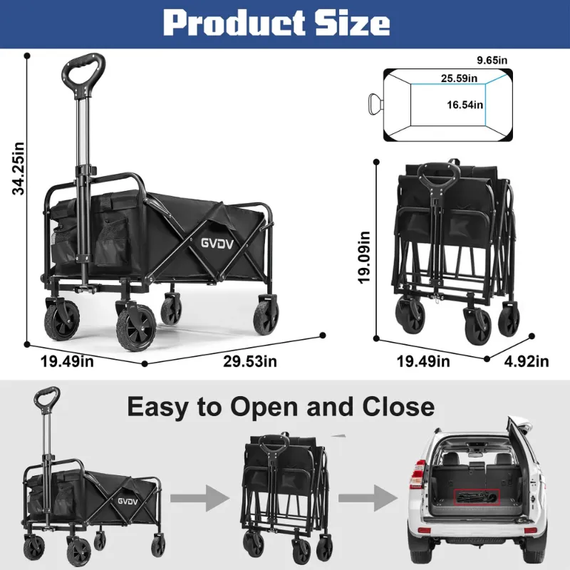 Photo 1 of **some scratches** GVDV Collapsible Wagon Cart, Portable Utility Wagon for Camping, Beach, Picnic, Shopping, Sports, and Grocery Transport, Black