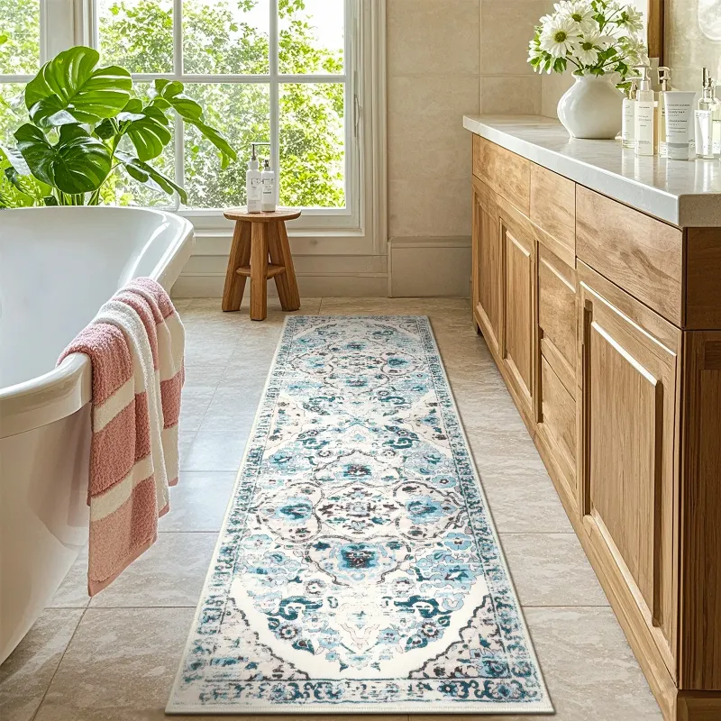 Photo 1 of MeyJey ' Boho Runner Rug , Oriental Non Slip Machine Washable Area Rug Distressed Vintage Floor Carpet for Bedroom Kitchen Living Laundry Room, Blue/Beige
