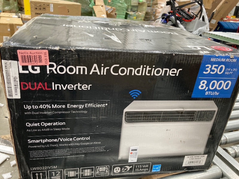 Photo 1 of LG 8,000 BTU Dual Inverter Smart Window Air Conditioner, 115V, Cools 340 Sq. Ft. for Bedroom, Living Room, Apartment, Quiet, Energy Star, works with LG ThinQ, Amazon Alexa and Hey Google, White**USED**
