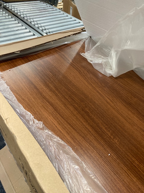 Photo 1 of DWVO Modern Dining Table for 4 People 47 Inch Rectangular Kitchen Table with Walnut Tabletop and White Geometric Legs Small Dinner Table Kitchen & Dining Room Furniture Brown