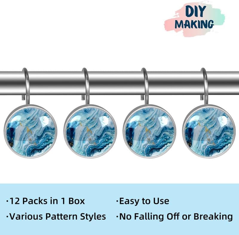 Photo 1 of 12 Pcs Decorative Shower Curtain Hooks, Rust Proof Glass Surface Stainless Steel Rings for Bathroom Bedroom Kitchen Home Bath Room Rods Decor (Blue White Gold Liquid)
