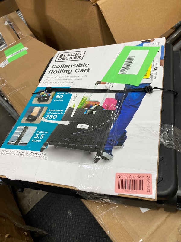 Photo 1 of ***set of wheels missing***BLACK+DECKER Large Collapsible Pack N Roll Folding Utility Cart with Lid, 4 Wheels, Adjustable Handle, Heavy Duty, Black
