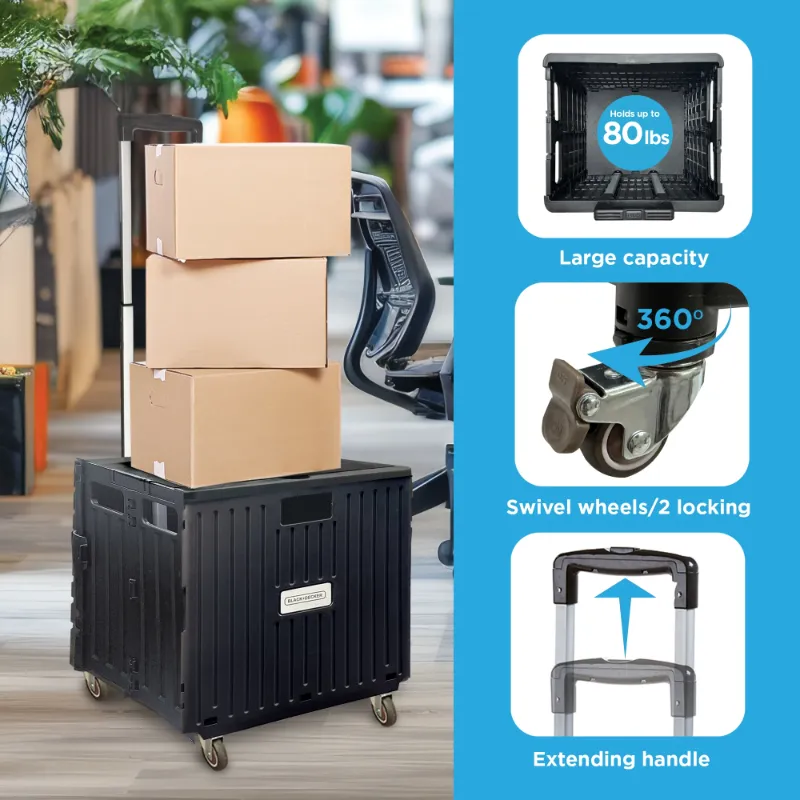 Photo 1 of ***set of wheels missing***BLACK+DECKER Large Collapsible Pack N Roll Folding Utility Cart with Lid, 4 Wheels, Adjustable Handle, Heavy Duty, Black
